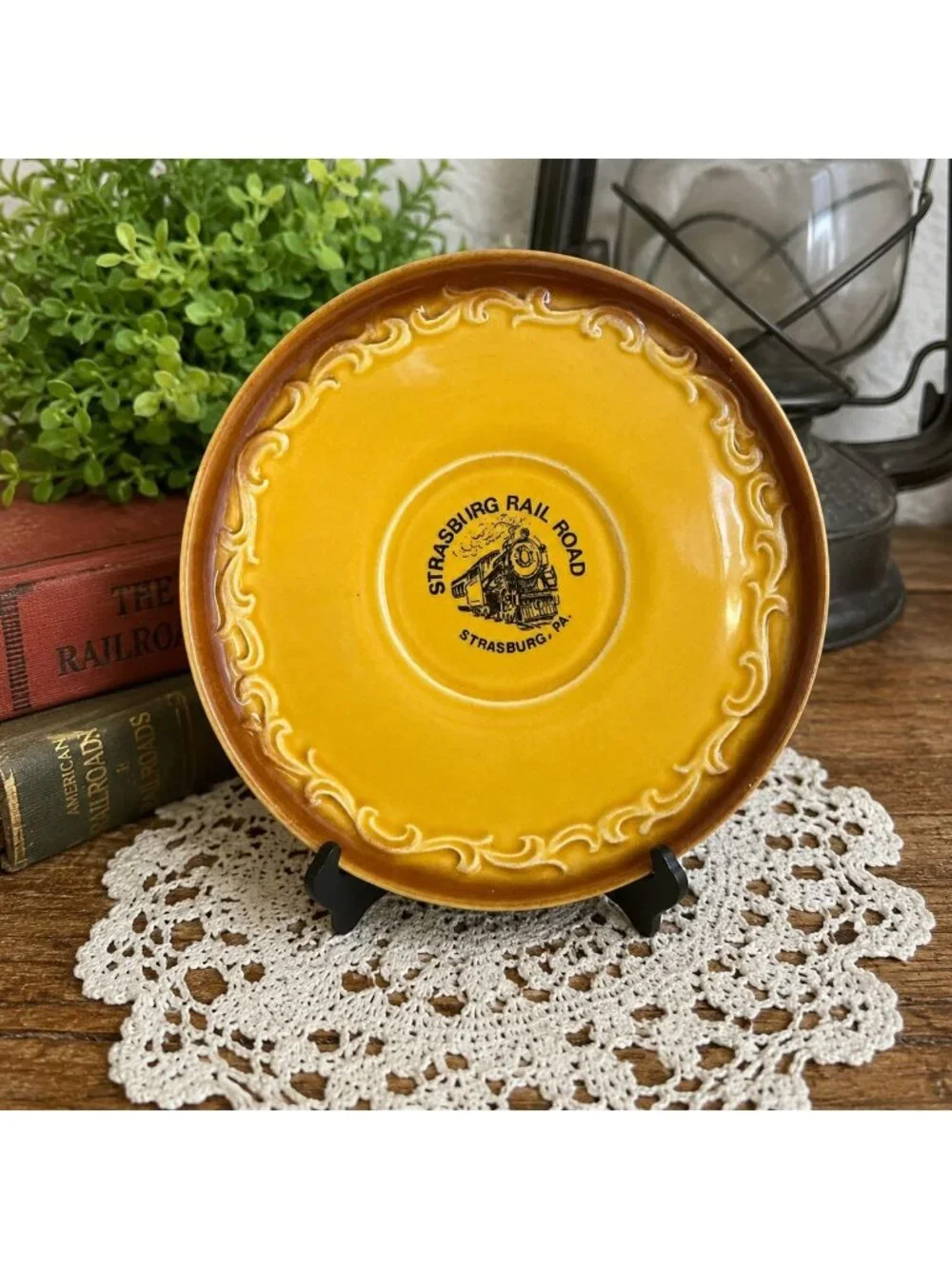 Vintage Strasburg Rail Road Yellow Ceramic Souvenir Trinket Dish Train Pennsylva